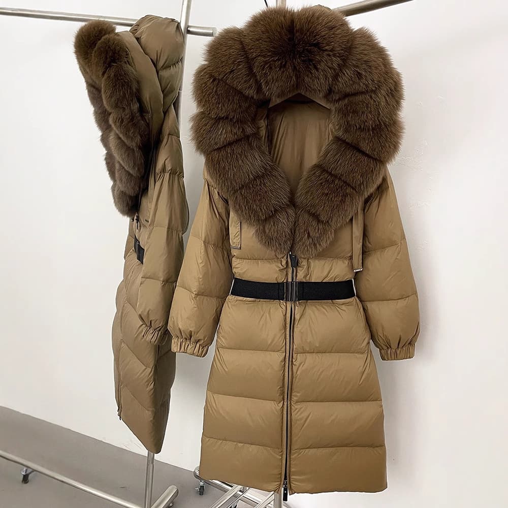 Manteau d'hiver long à capuche pour femme – Garniture en fourrure de renard, ceinture à nouer, 95 % plumes de canard blanc épaissies (S-2XL)