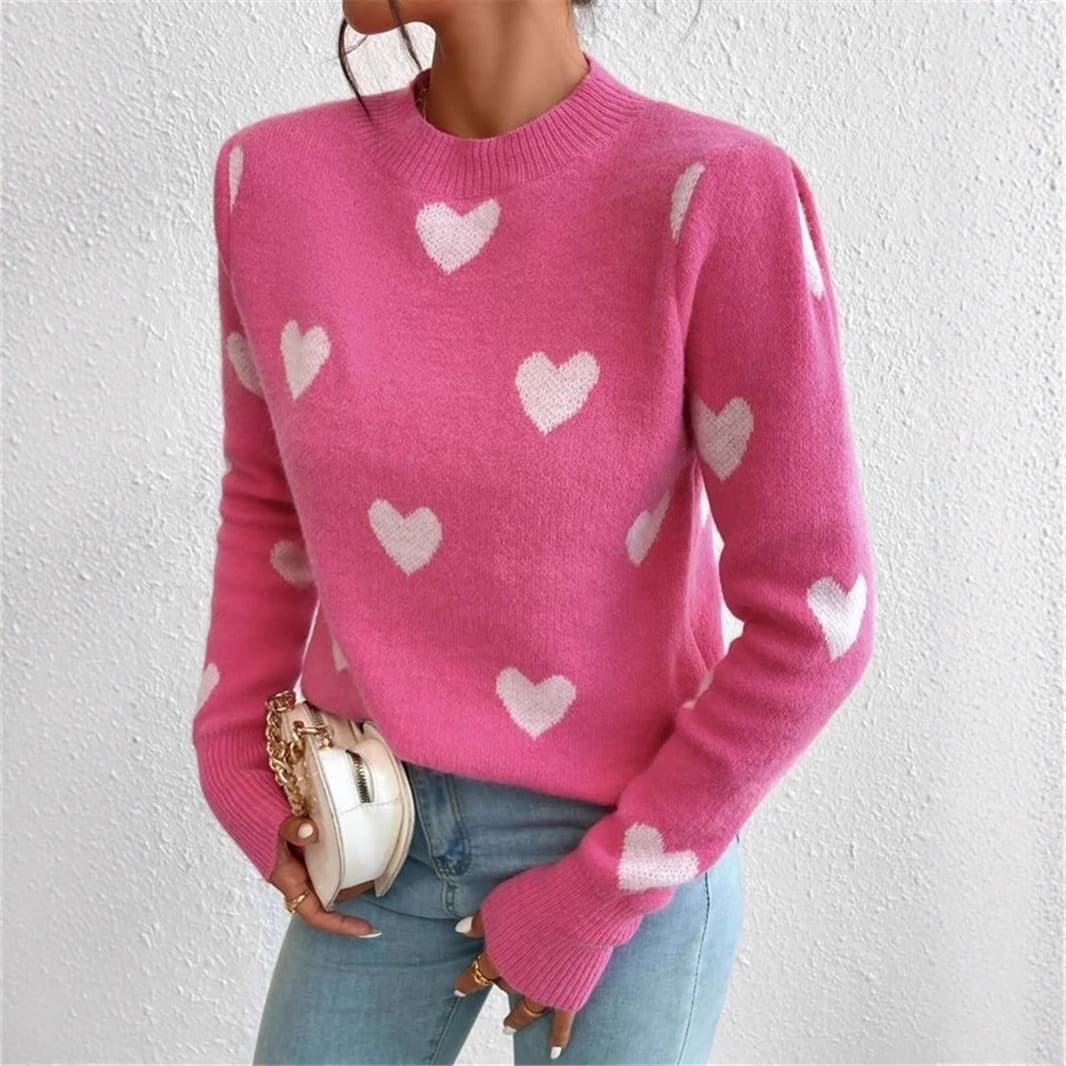 Women's Clothing New Heart Shaped Pattern Loose Round Neck Knitted Pullover Sweater