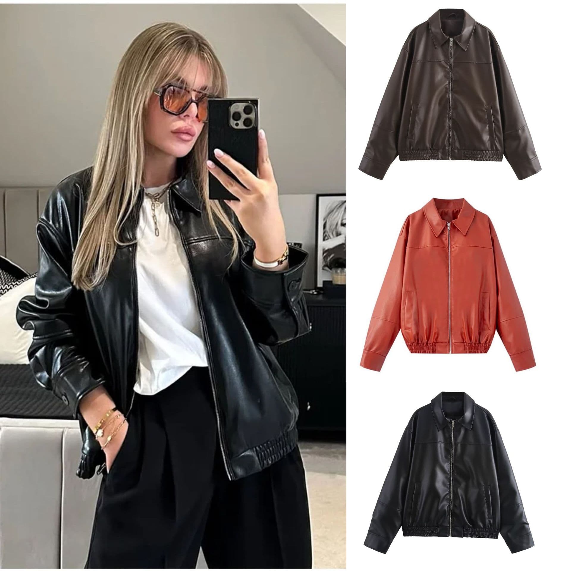 ​​Faux Leather Pilot Jacket For Women - Stylish Streetwear Bomber Coat With Stand Collar, Long Sleeve, Zipper Closure (Black, Coffee, Red, Camel)​​