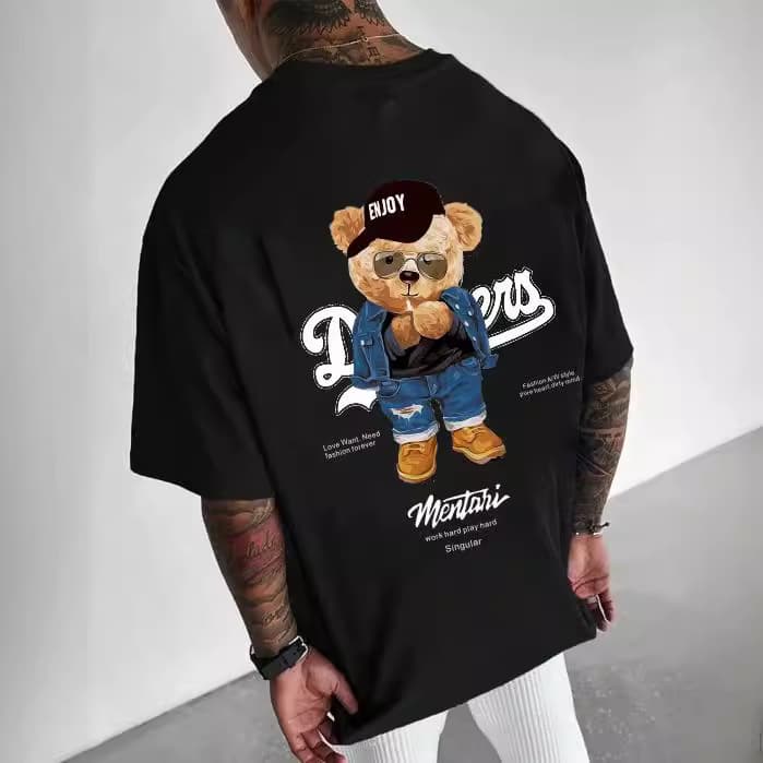 Men's Clothing New European And American Men's Bear Print Pure Cotton Large Size Round Neck Short Sleeve T Shirt