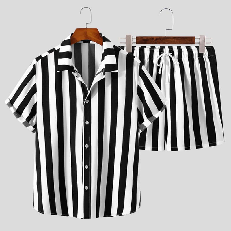 Men's Clothing street fashion black and white striped Hawaiian beach suit