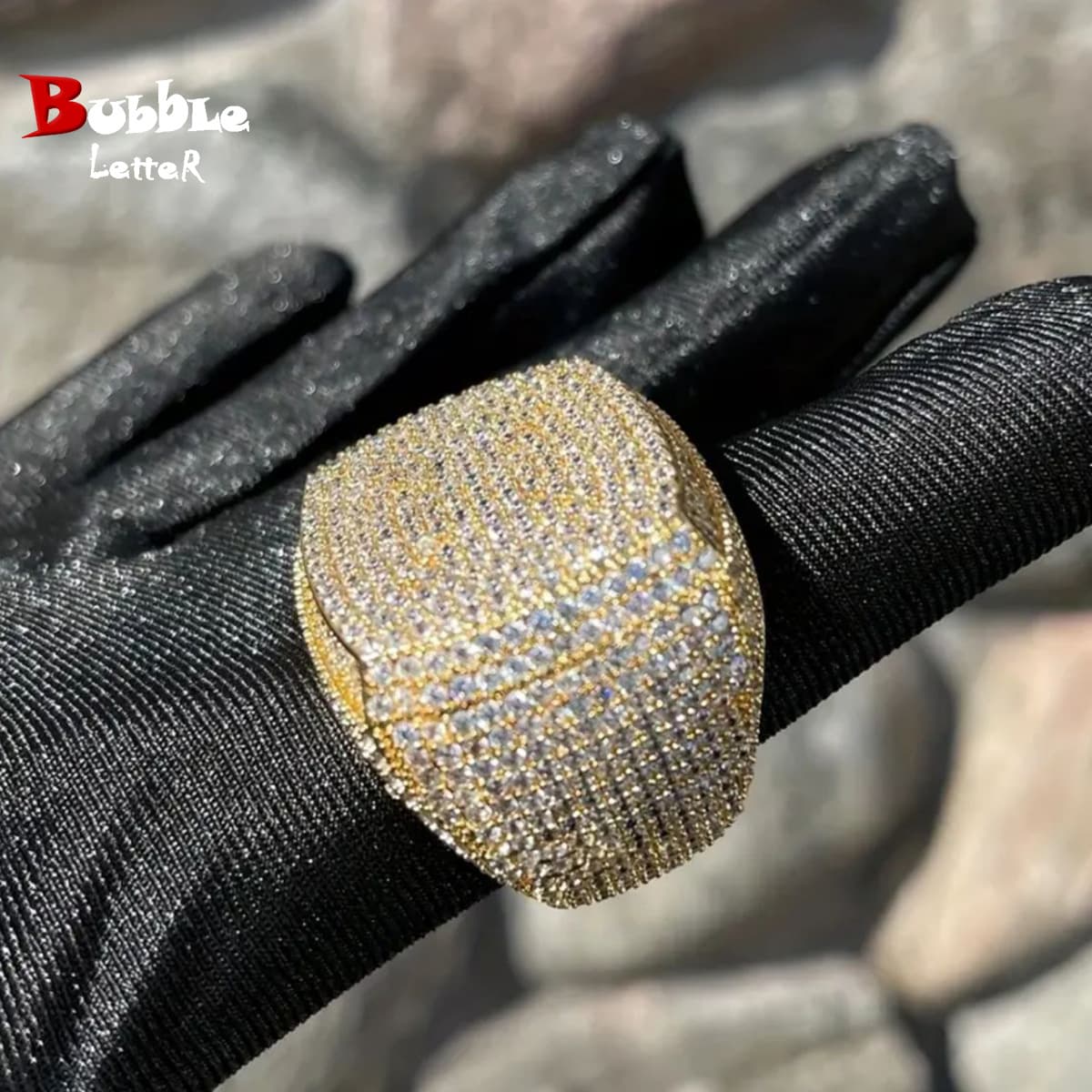 Hip Hop Full Diamond Large Square Real Gold Plated Fashion Personality Trendy Ring