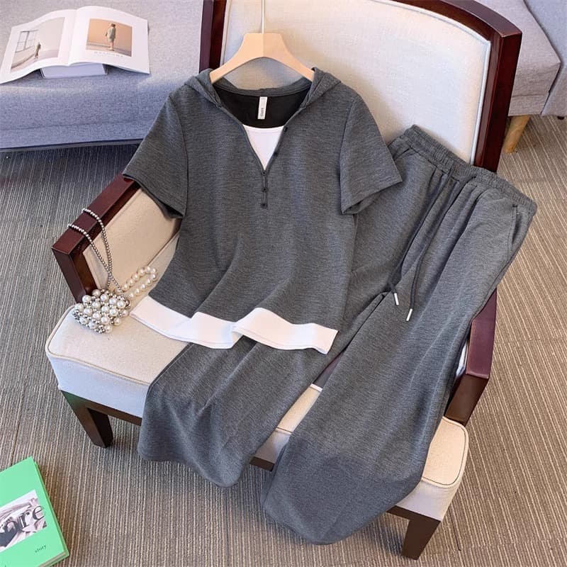 Women's hooded contrast color wide-leg pants suit for women in summer, fat mm, casual temperament and slimming two pieces