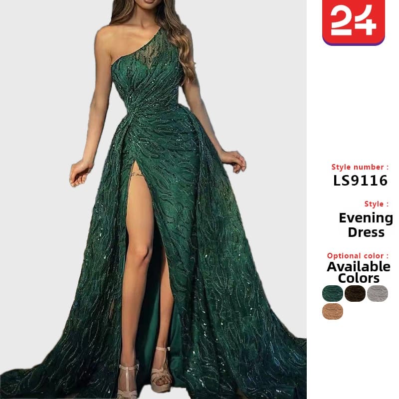 Women's Clothing Spring Summer Sequined Dress European American Style Toast Long Skirt Oblique Shoulder Slit Suspender Evening Gown