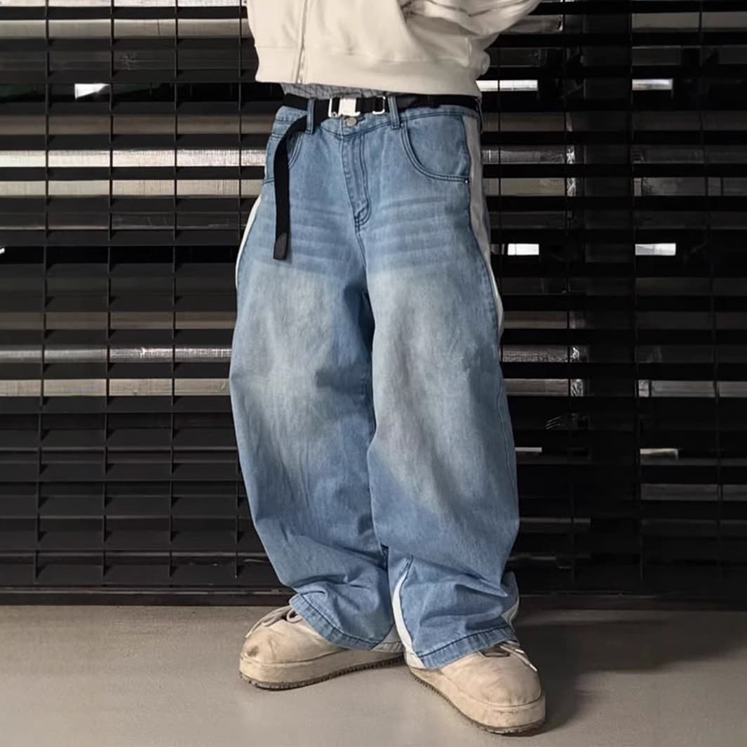Men's Clothing New Style Splicing Spring And Summer Trend High Street Retro Washed Distressed Light Blue Slim Wide Leg Denim Men's Pants
