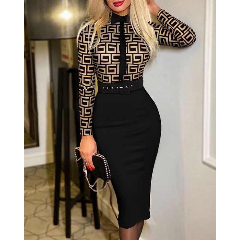 Women's fashion print dress with belt