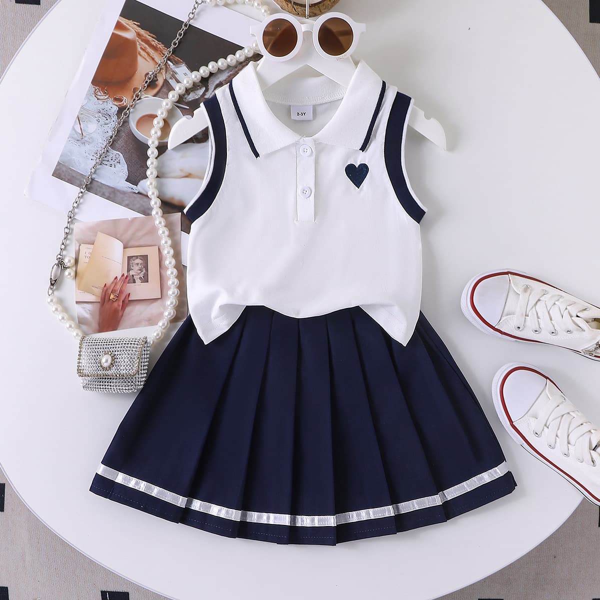​​Girls' Preppy Two-Piece Set – Polo Collar Sleeveless Top + Pleated Skirt, Cotton School Style Outfit For Toddlers