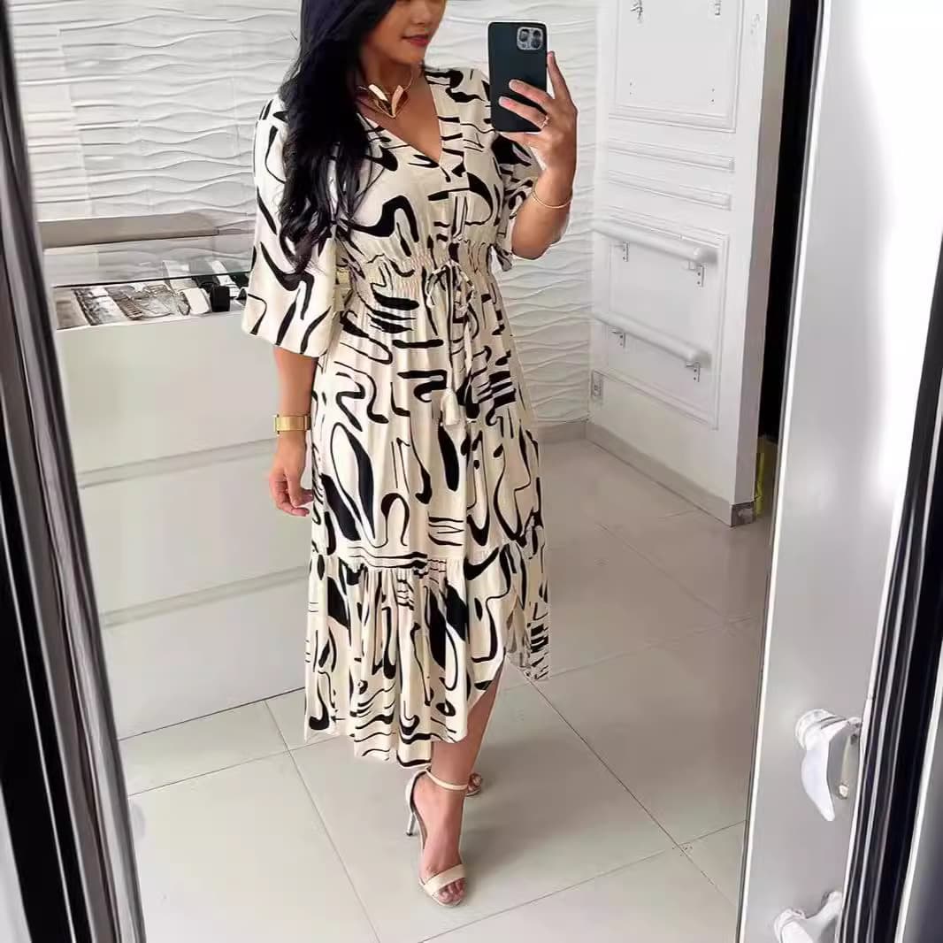 Women's Clothing Summer New Printed V Neck High Waist Lace Up Dress Flared Mid Sleeve Ruffled Slit Long Skirt
