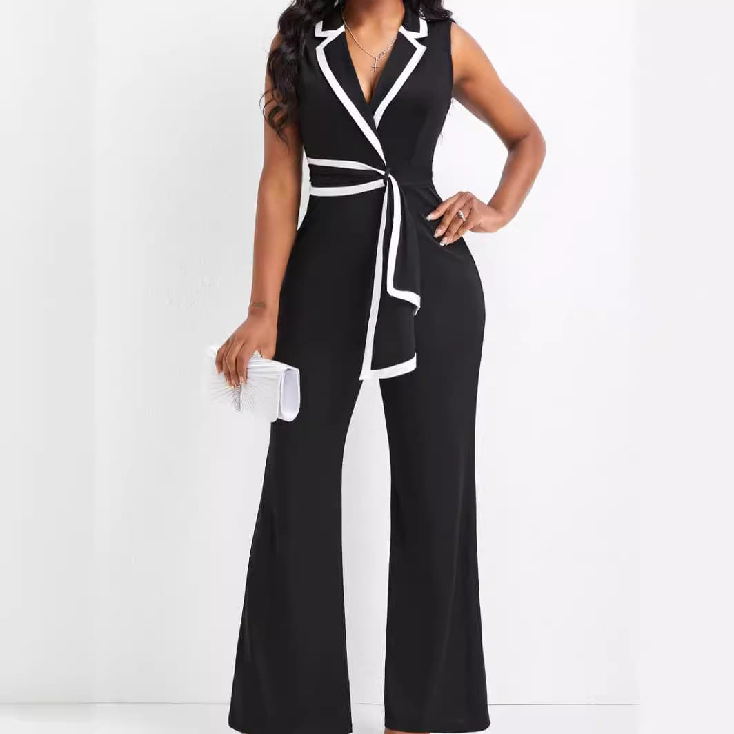 women's clothing new fashion V-neck temperament elegant sleeveless jumpsuit wide-leg pants