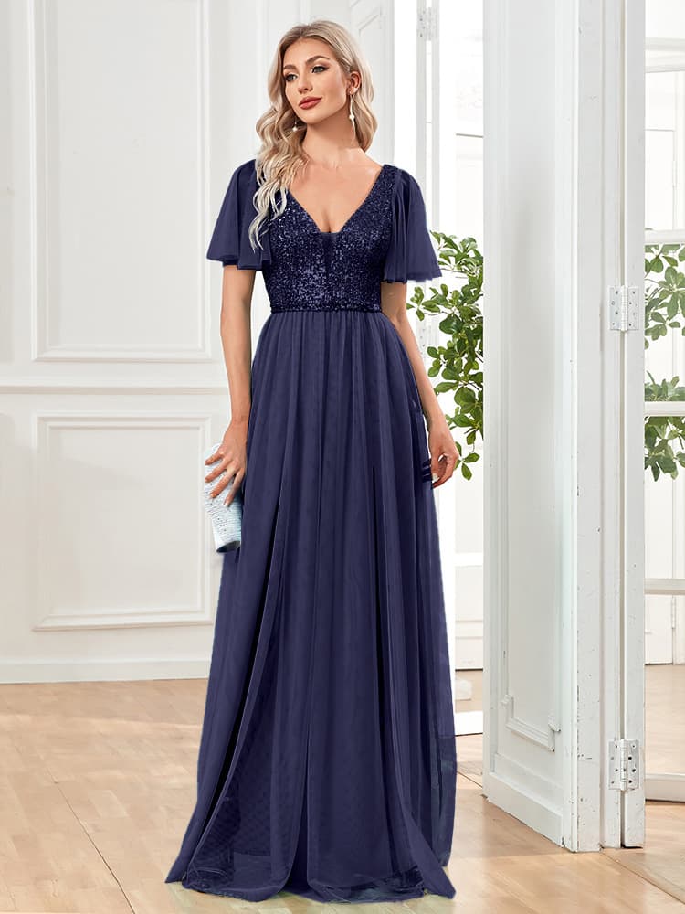 Women's evening dress banquet mesh large swing dress V-neck sexy short-sleeved long dress