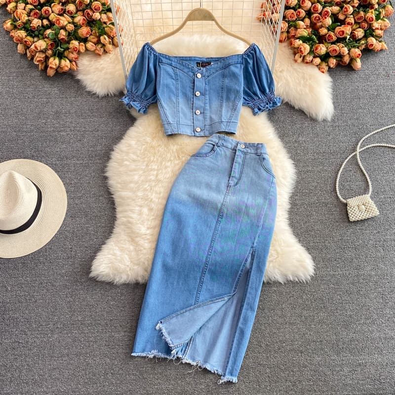 Women's Clothing Summer Gradient High-waisted A-line Mid-length Side Slit Denim Skirt Women's Two-piece Suit Square Collar Short Top