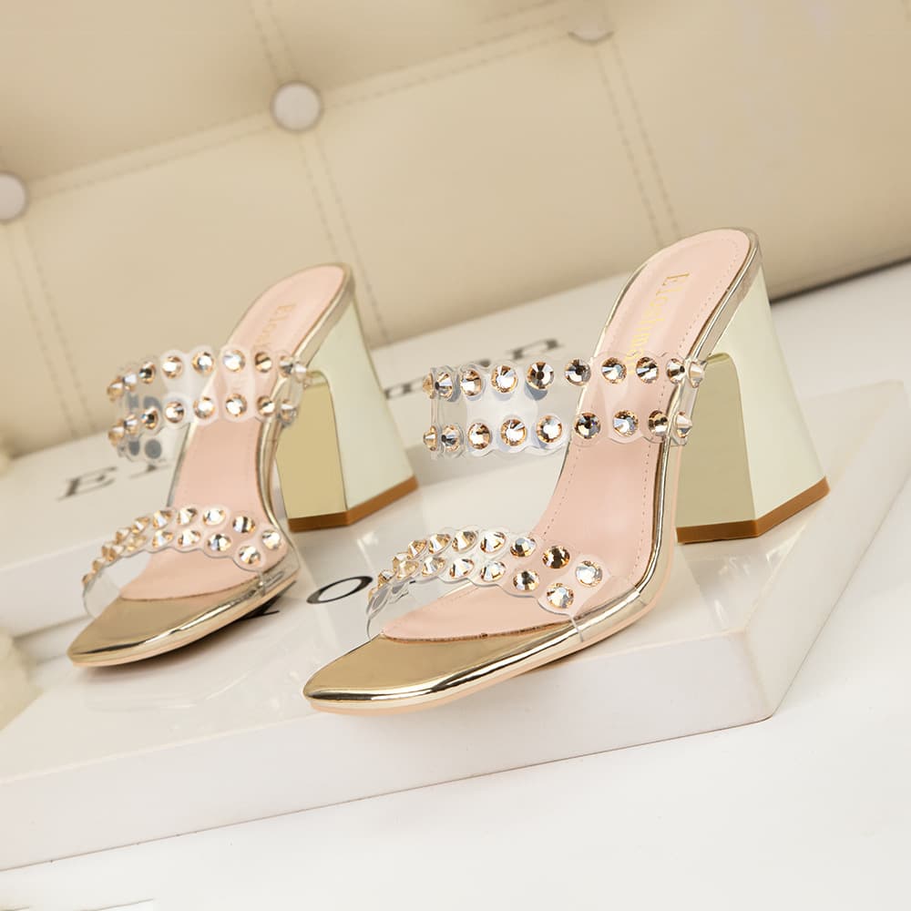 Women's shoes style sexy banquet high heeled shoes for women, thick heels, high heels, open toes, rhinestones, one piece straps, transparent sandals