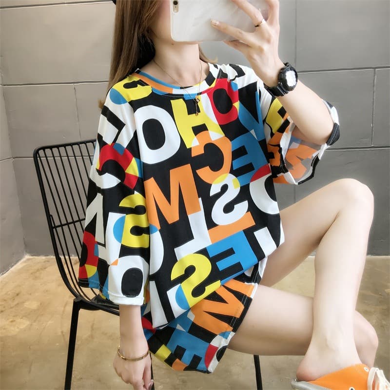 Women's Mid-length short-sleeved T-shirt printed letters loose slimming large size women's student ins trend