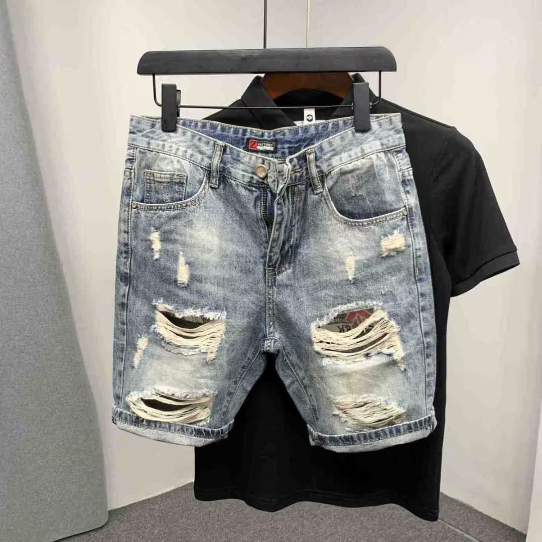 Man's clothing Men's denim shorts straight leg loose trend summer ripped thin pants fashion brand five quarter pants