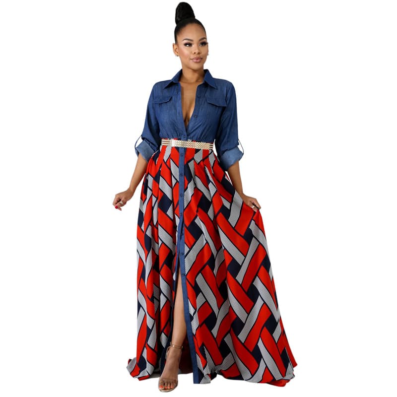 Women's Fashion Autumn Dress Deep V High Waist Slim Denim Woven Printed Long Skirt