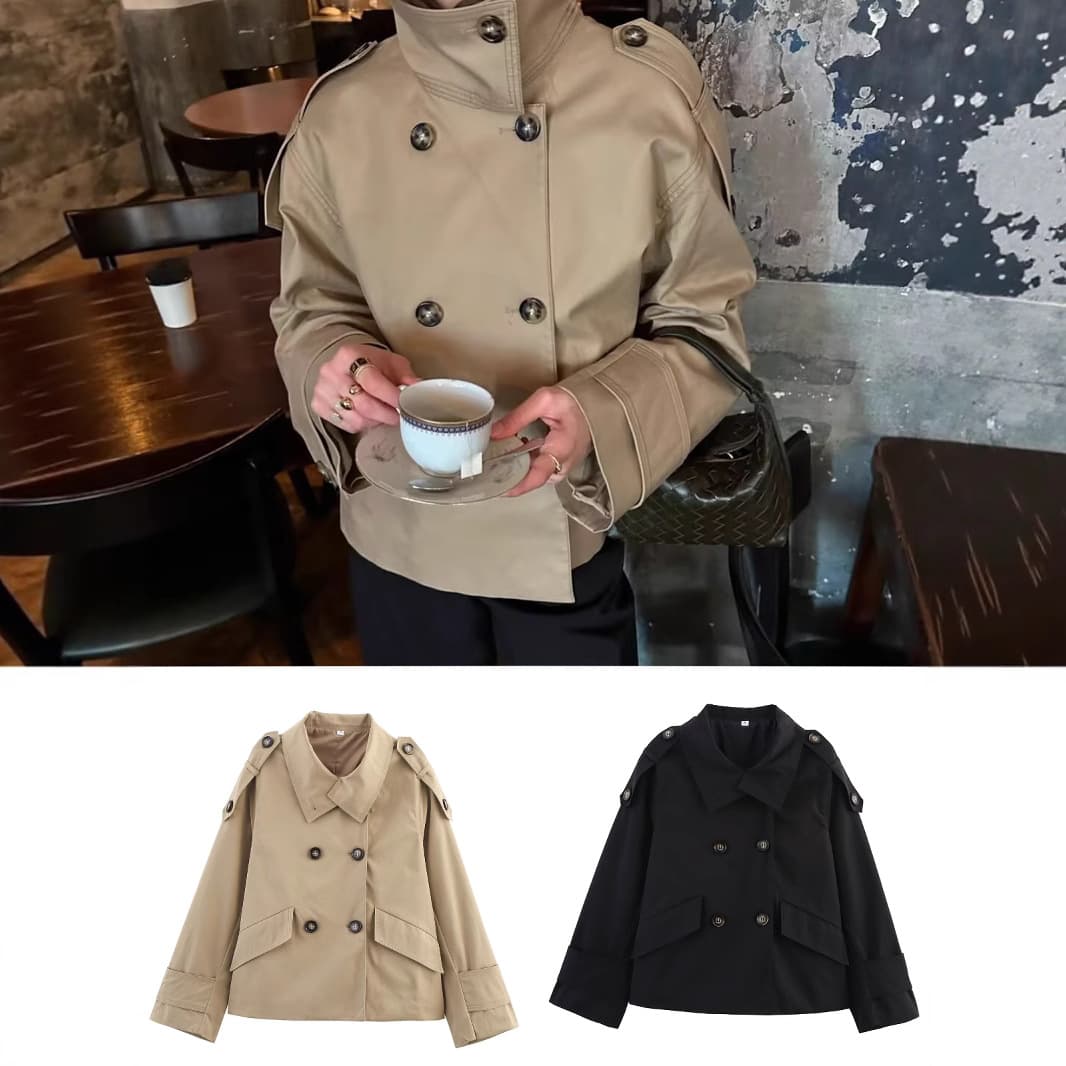 Women’s Clothing New Retro Lapel Design Double Breasted Loose Versatile Long Sleeved Short Windbreaker Jacket