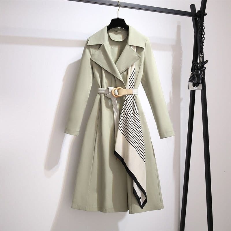 Women's Trench Coat Mid-Length Slim Fit Stylish Casual Long Sleeve Jacket With Lapel Collar, Polyester Blend, Print Design