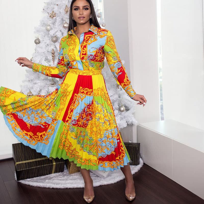 Women's Lapel Long Sleeve High Waist Slim Large Size Printed Casual Swing Skirt Women Dress