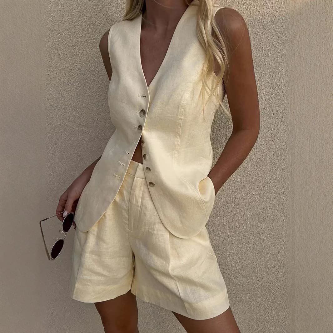 Women’s Clothing Cotton And Linen Vest Shorts Suit Summer New Commuter Vest + Shorts Suit Casual Suit For Women