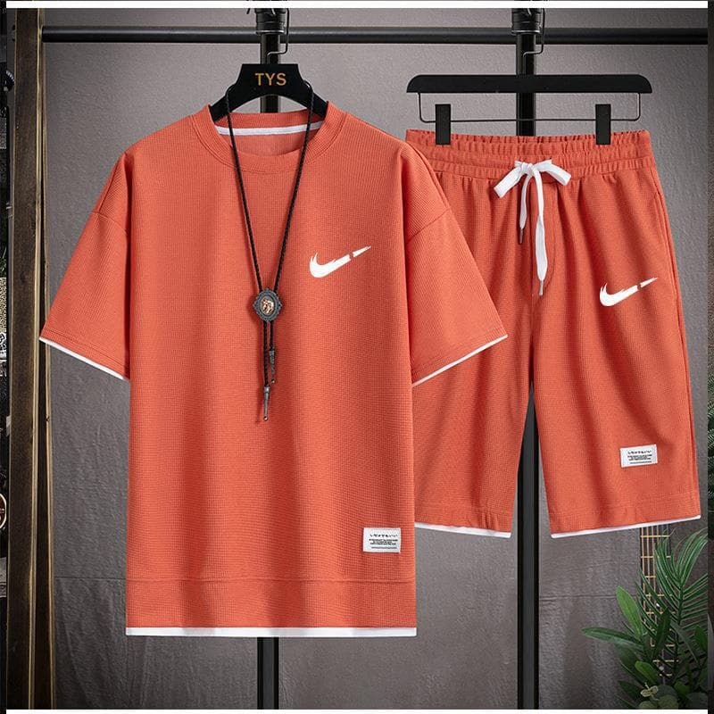 Gaufre T-shirt hommes deux pièces ensemble Couple ample mode grande taille 5/4 pantalon extérieur décontracté
