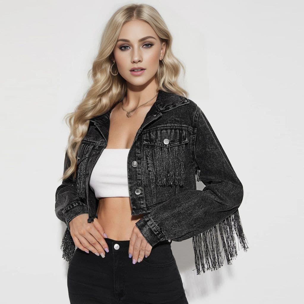 Denim jacket women's fashion tassel stitching distressed denim jacket women