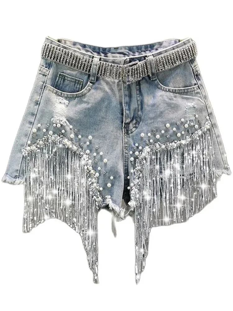 Summer Elegant Tassel Bead High Waist Wide Leg Denim Womens Casual Solid Shorts 240930