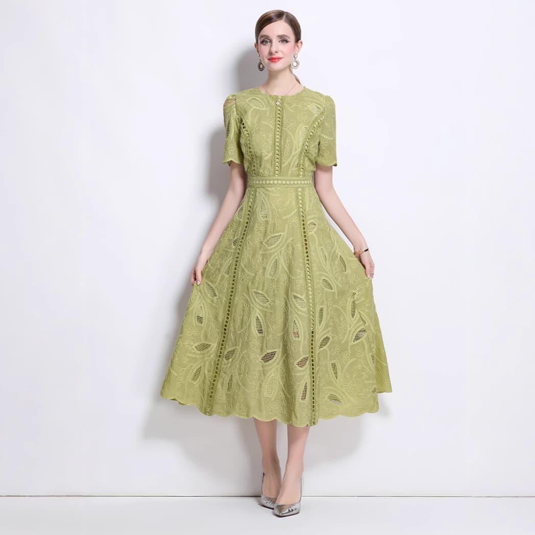 Women's Clothing Retro High-End Round Neck Lace Dress For Women Elegant Slim Fit Long Skirt Summer New Style Elegant Temperament