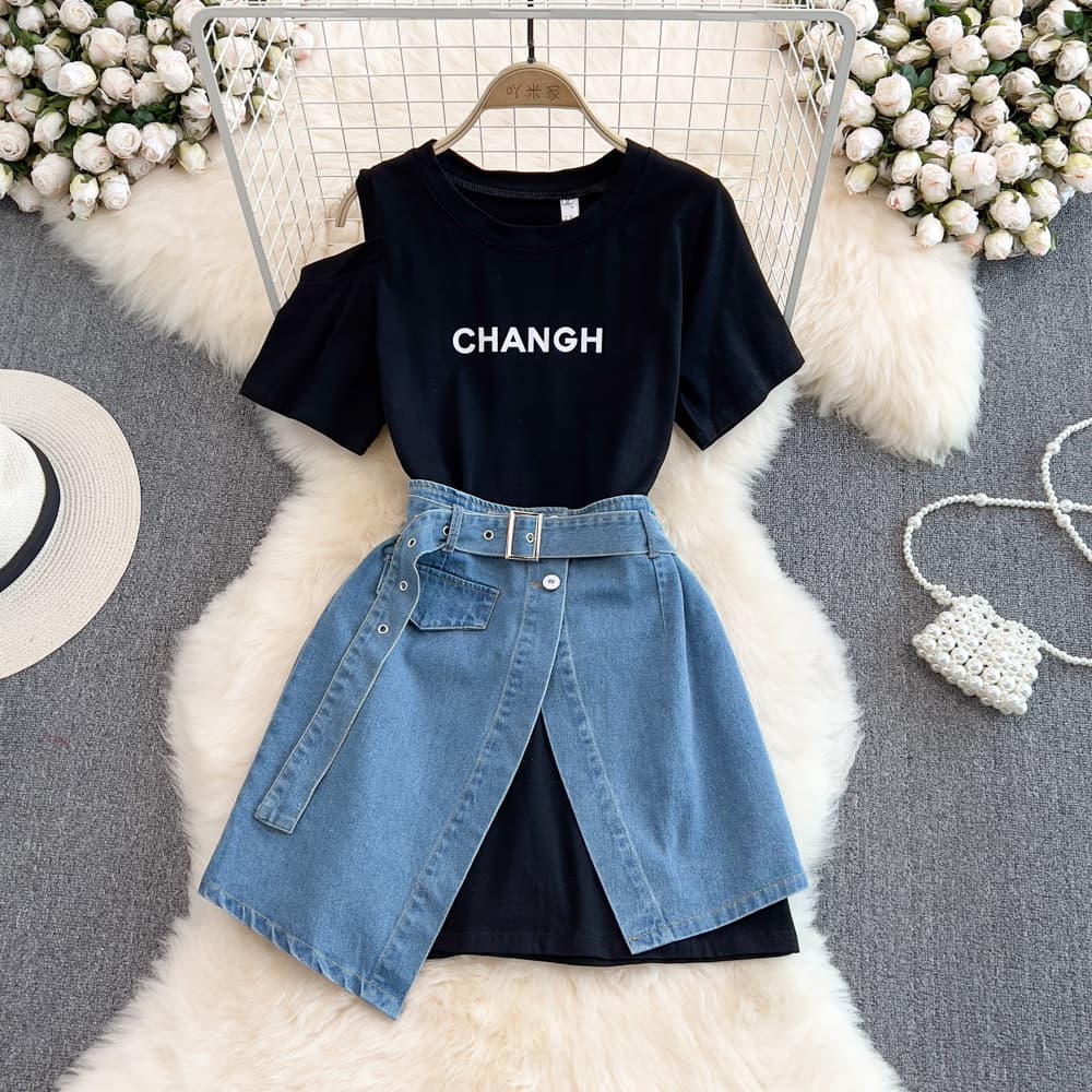 Women's round neck off-shoulder mid-length T-shirt layered short-sleeved two-piece suit high-waisted denim skirt summer