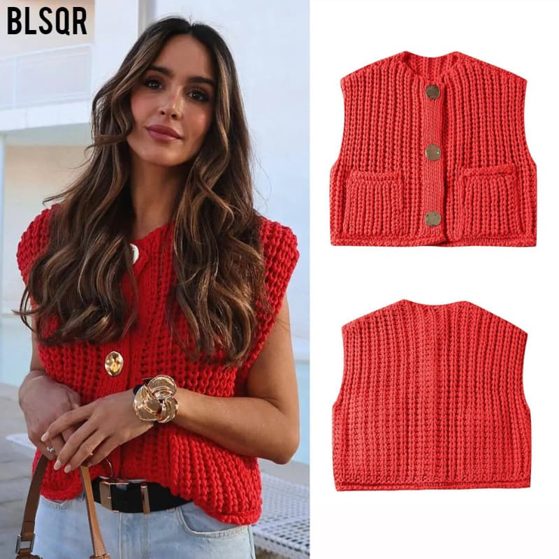 Women's Clothing spring and autumn new women's clothing pocket sleeveless short knitted cardigan vest
