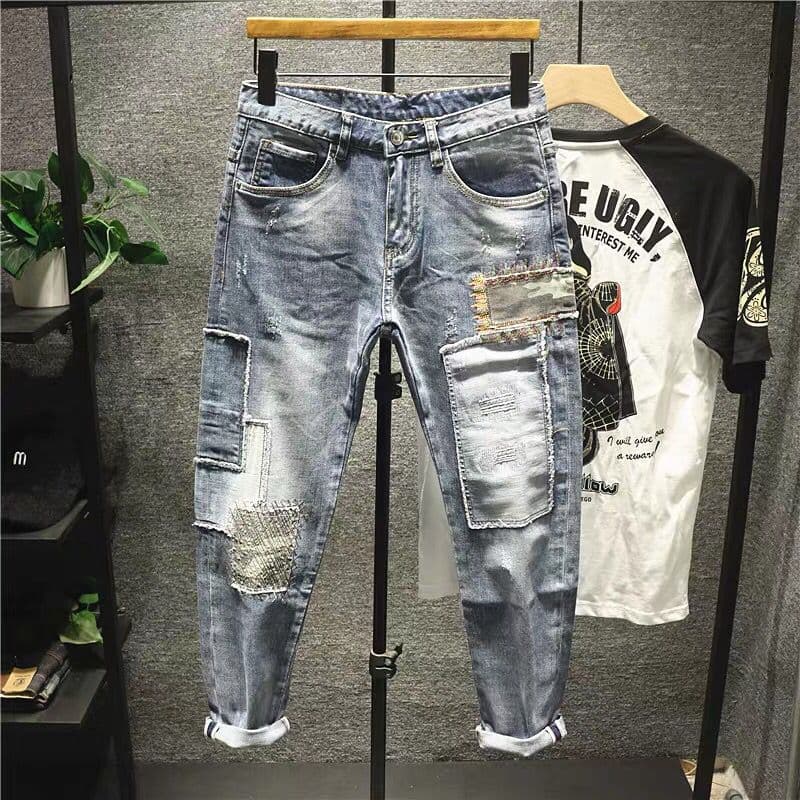 men's Patch Distressed Jeans Korean Patchwork Cropped, Spring Autumn New Trendy Casual And Versatile Small Leg