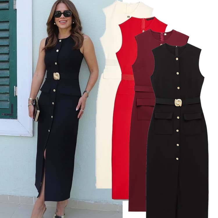 Women's Clothing Spring New With Belt Crepe Sleeveless Midi Dress