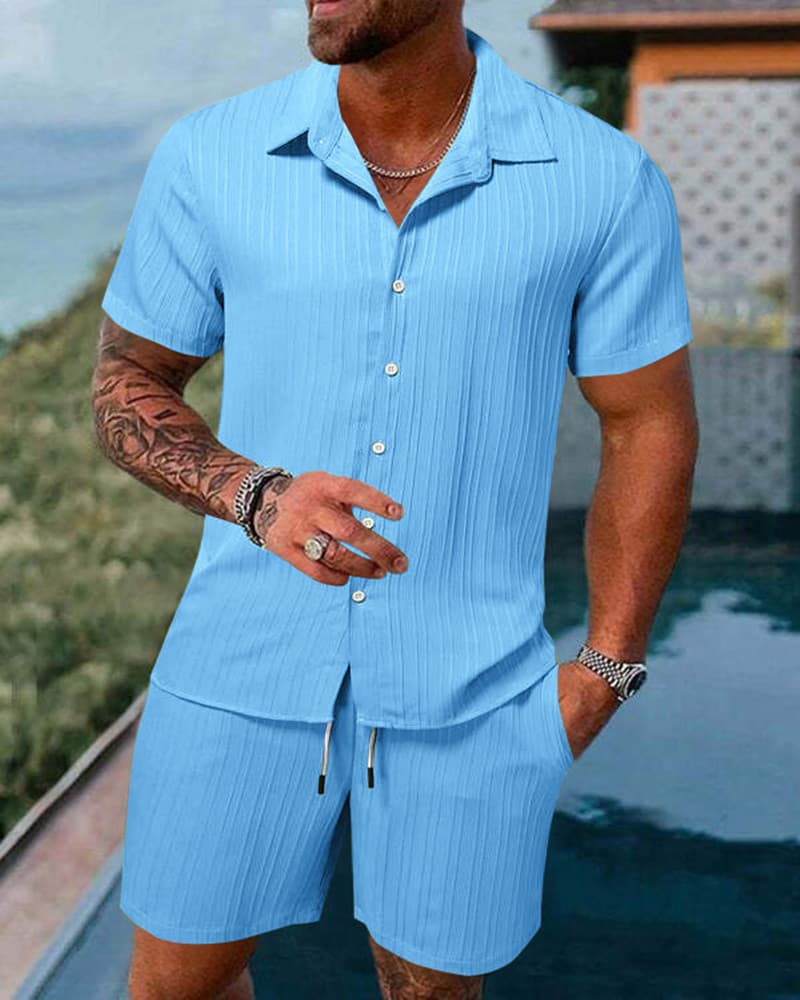 Chemise à revers rayée pour hommes, short, costume de sport décontracté à la mode