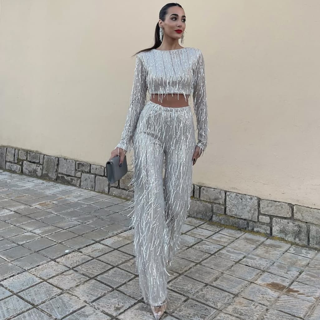 Women's Clothing Sequined Tassel Wide Leg Pants Party Dress Suit