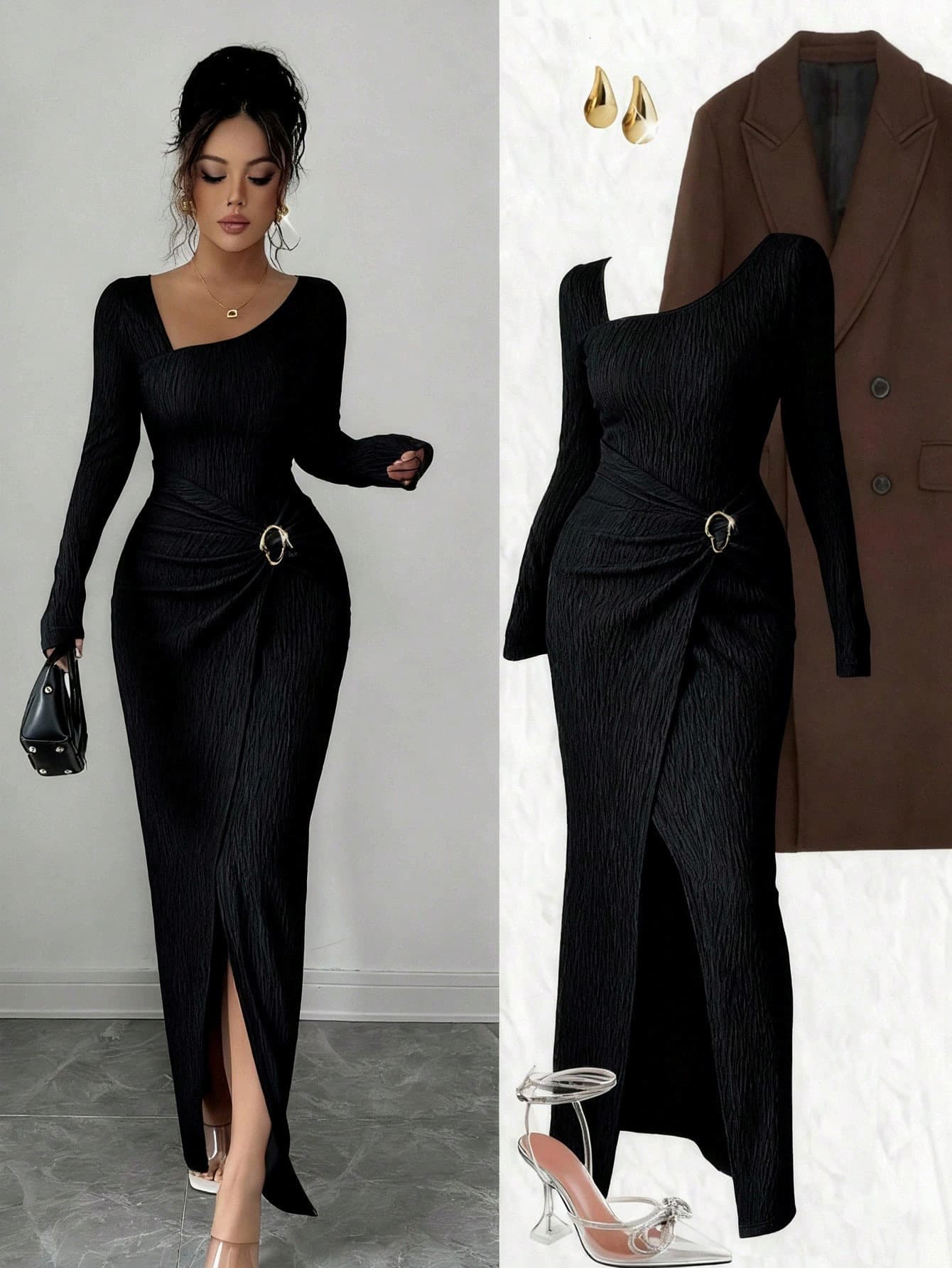 Women's Clothing ​​Asymmetric Neck Bodycon Dress – Long Sleeve Wrap Dress With High Slit​​