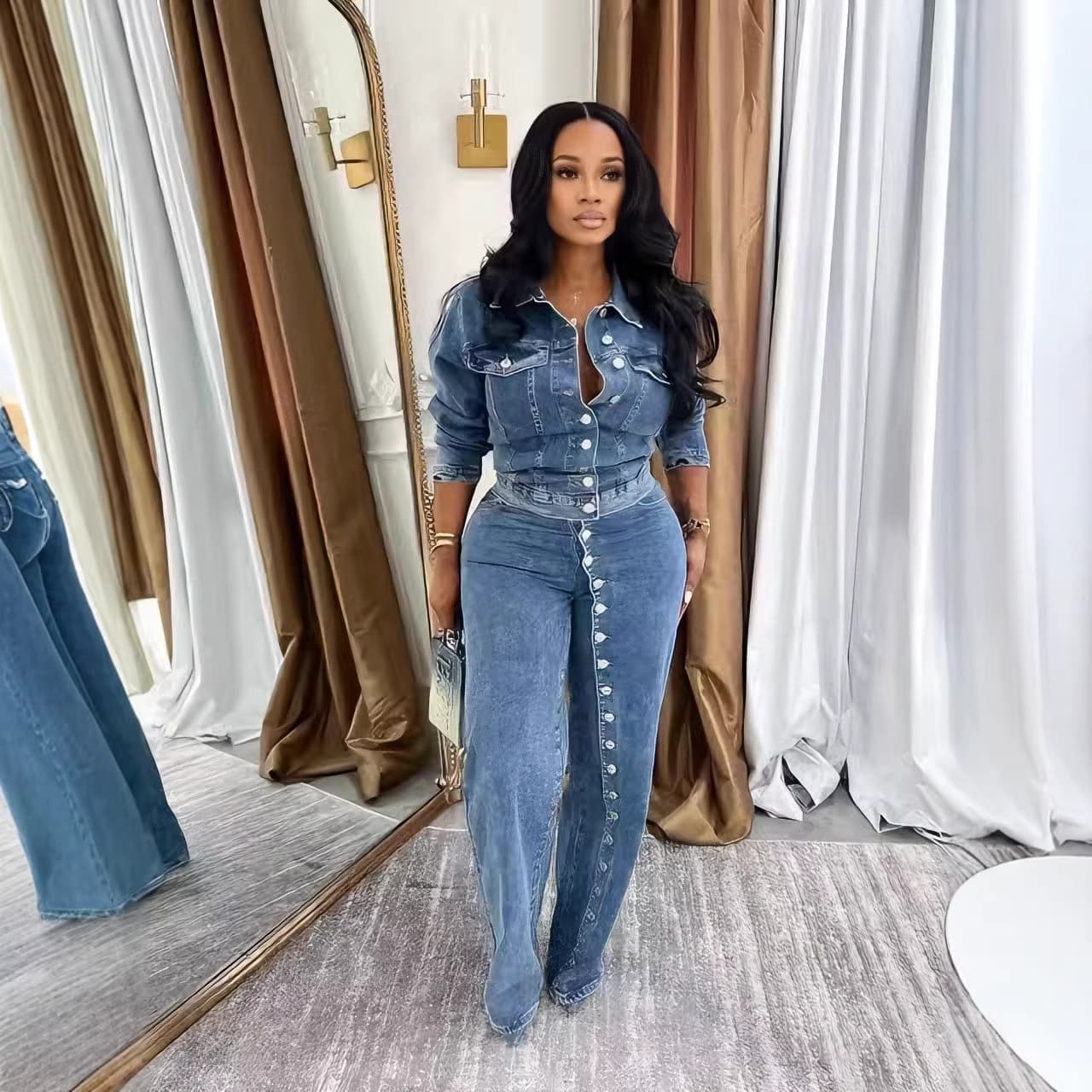 Women's High Elastic Button Up Washed Denim Two Piece Set Casual Independent Site Spring/Autumn Regular Size