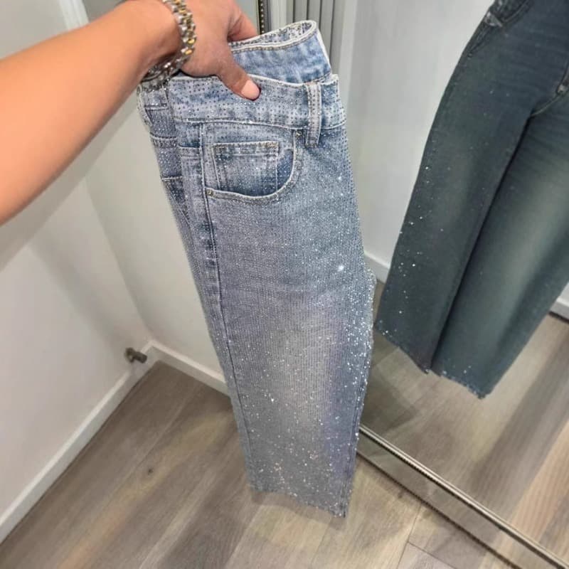 Japanese And Korean Casual Women's High Waisted Washed Denim Jeans, Loose And Slimming, Versatile And Rhinestone Hot Stamping