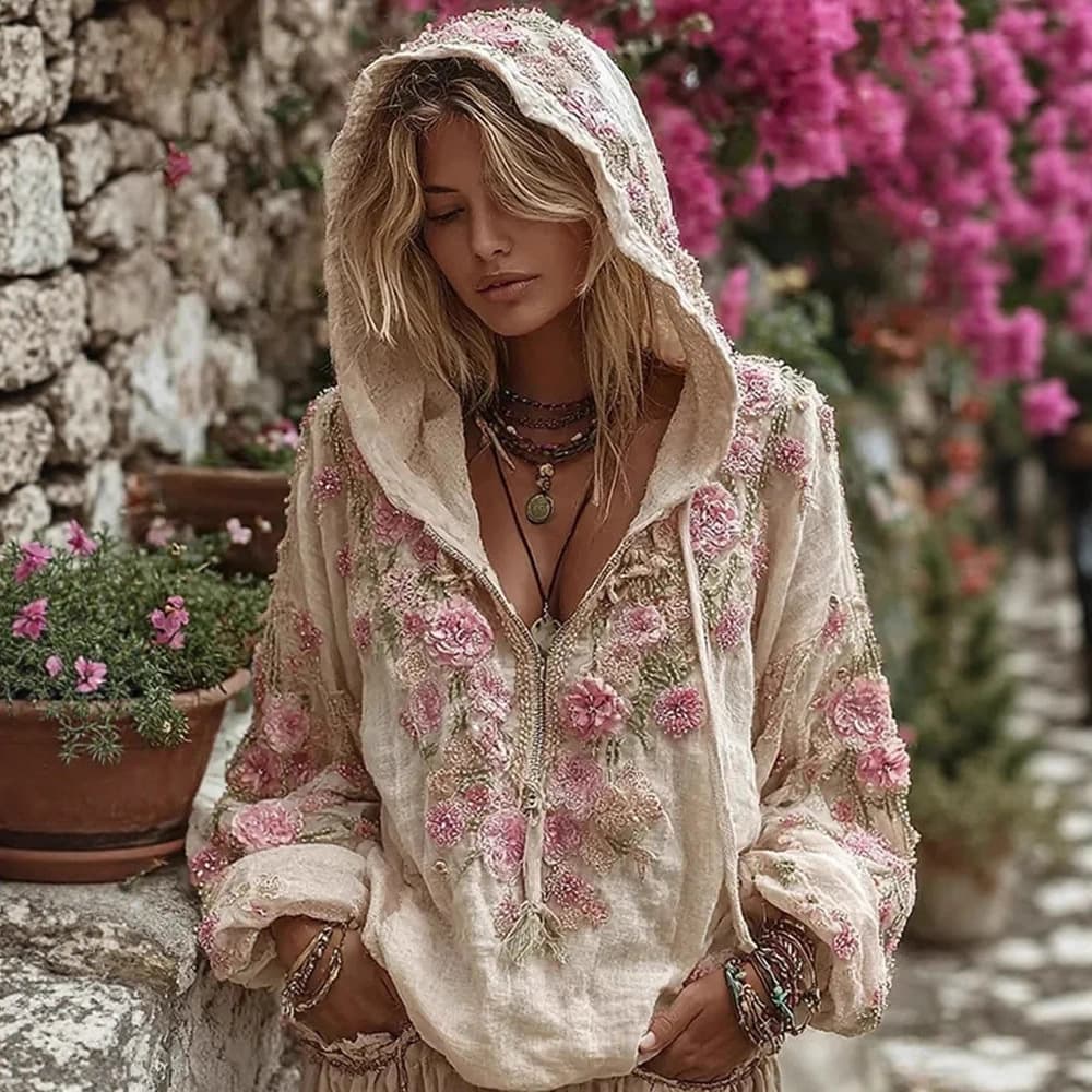 3D Floral Print Hooded Sweatshirt – Japanese-Inspired Streetwear, Oversized Zip-Up Hoodie, Polyester Blend, Artistic Cherry Blossom Design