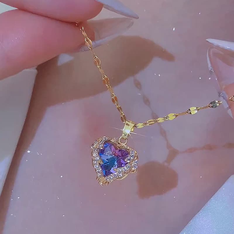 version of the ocean heart necklace female love color crystal pendant titanium steel plated gold light luxury niche clavicle chain