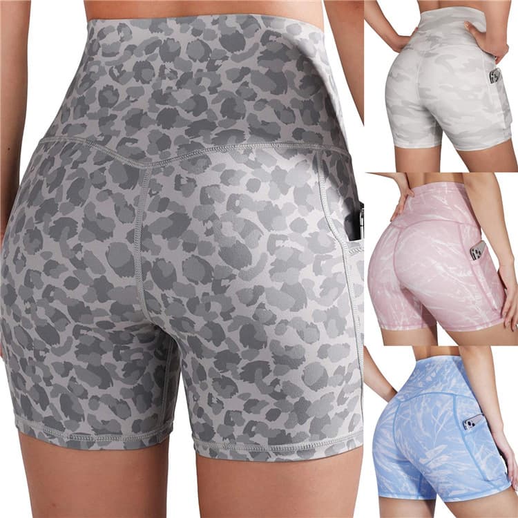 Women's yoga printed pocket shorts high waist high elastic fitness training yoga pants leggings running pants
