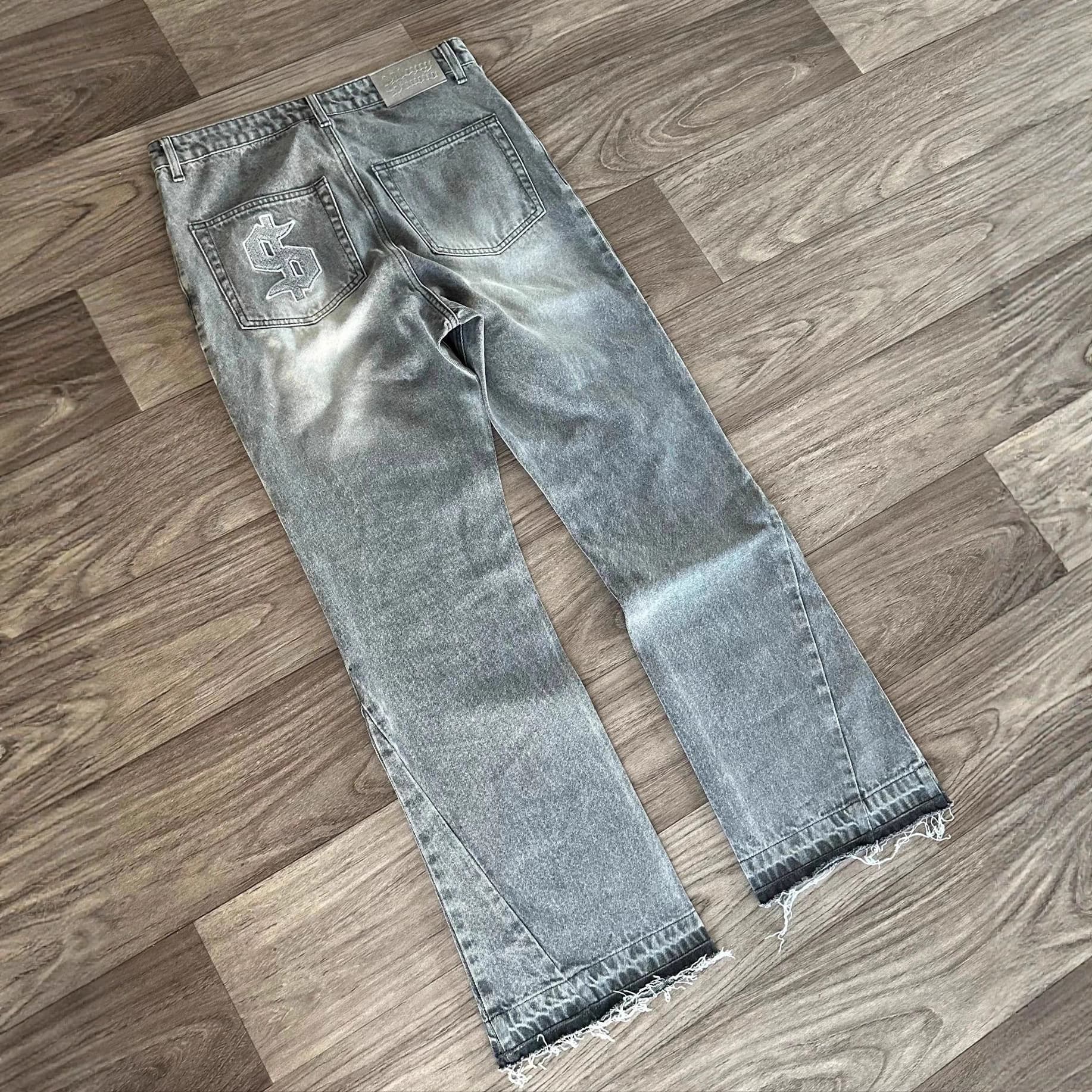 European And American Fashion Retro American High Street Washed Old Rough Edge Jeans Personalized Street Casual Straight-leg Pants