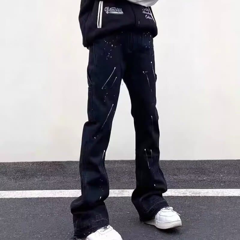 Men's Clothing High Street Vibe Style Zipper Slit Jeans Men Ins Loose Straight Ink Splashed Micro Flared Trousers