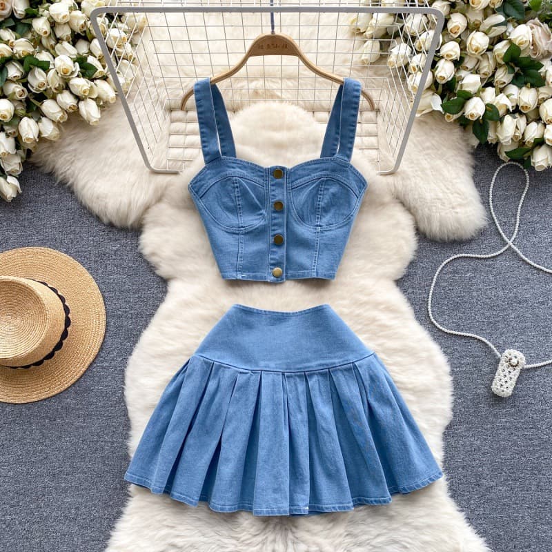 Women's suit short camisole versatile mini skirt denim two-piece suit trendy