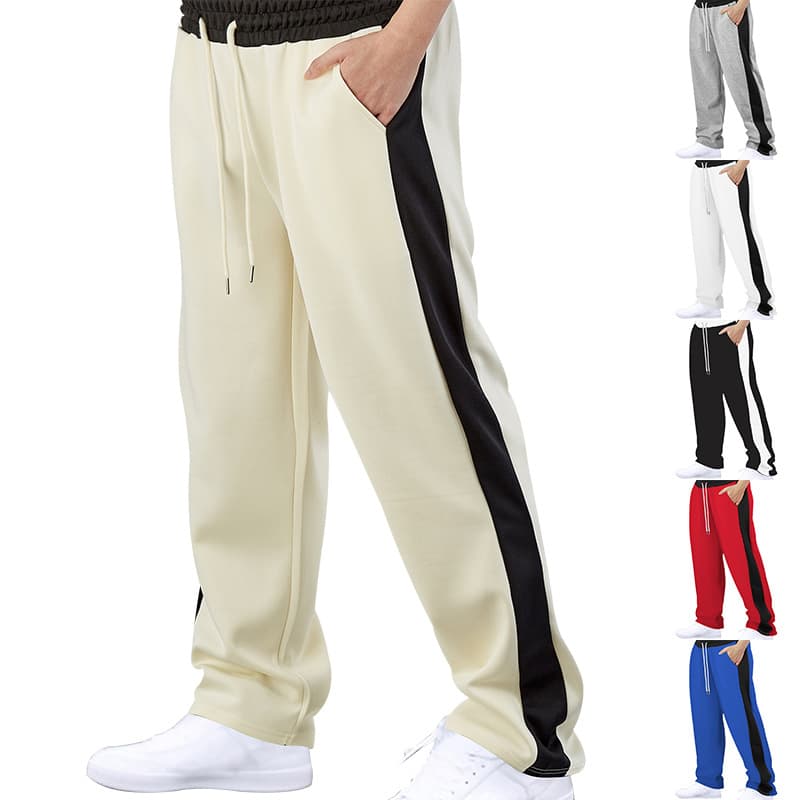 Men's New Pants Splicing Color Collision Loose Straight Drawstring Casual Pants