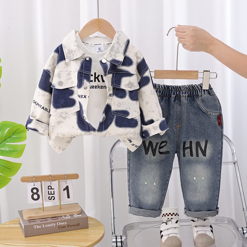 Boys' Outfit 2025 New Fashionable Toddler Spring And Autumn Style Large Pocket Long Sleeve Jeans Three-Piece Set