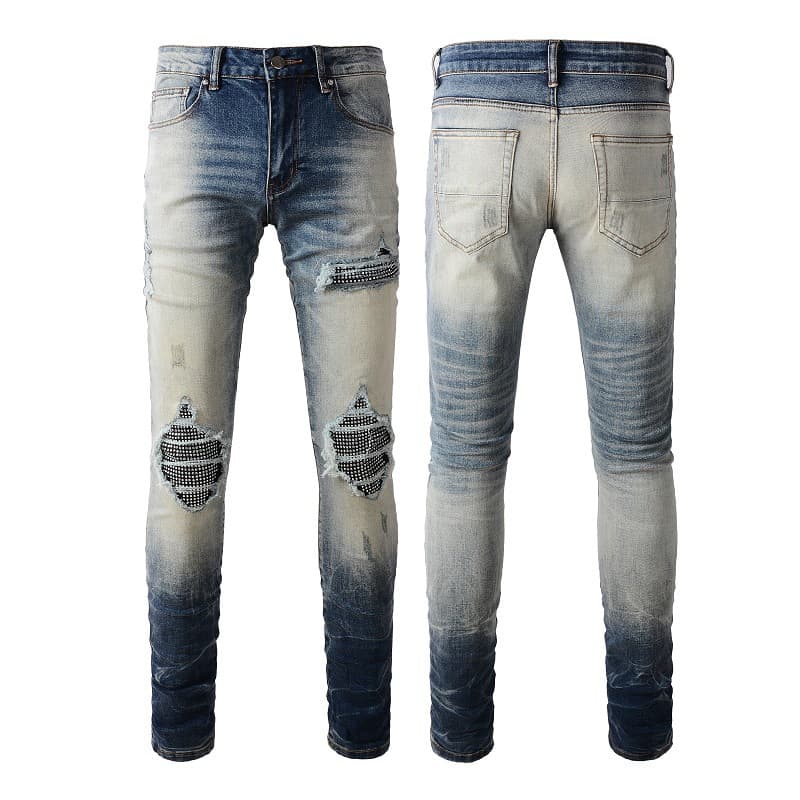 Men's Clothing Cat Whisker Wrinkled Diamond Patch Ripped Elastic Slim Fit Skinny Jeans