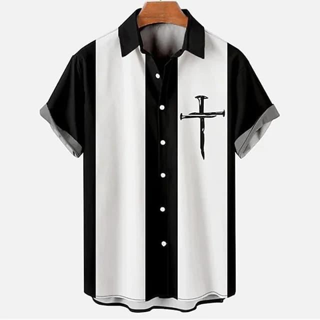 Unbeatable Quality Hawaiian Striped Cross Print Men's Short Sleeved Lapel Pocket Shirt Straight Hair
