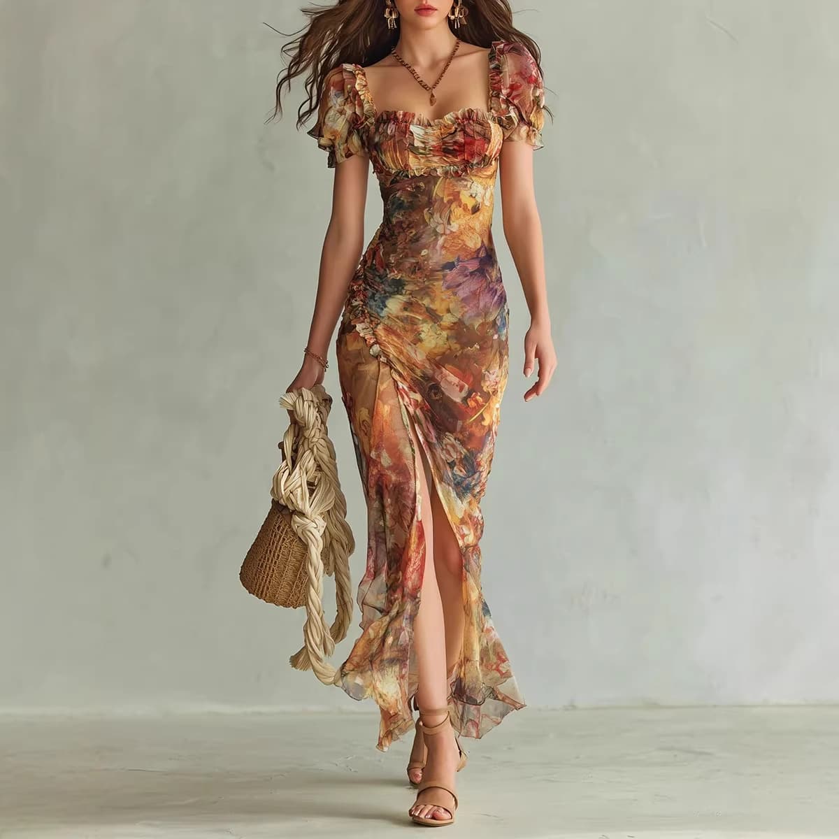 Spring Floral Wrap Dress V-Neck Ruffle Hem Casual Party Women's Dress Elegant Waist-Defining Belt Date Nights Brunch XS-XXL
