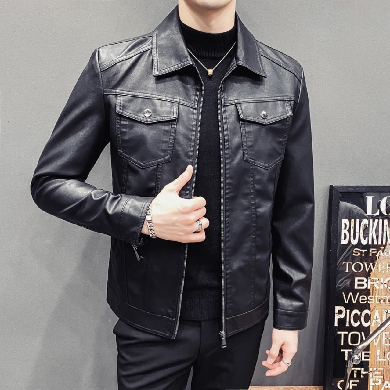 Pulse Autumn Winter New Quilted Casual Motorcycle Slim Fit Korean Style Turn-Down Collar Men's PU Leather Jacket