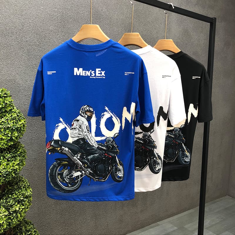 Men's Clothing National tide motorcycle character print short sleeved T shirt men's summer new style trend ins versatile casual handsome T shirt top
