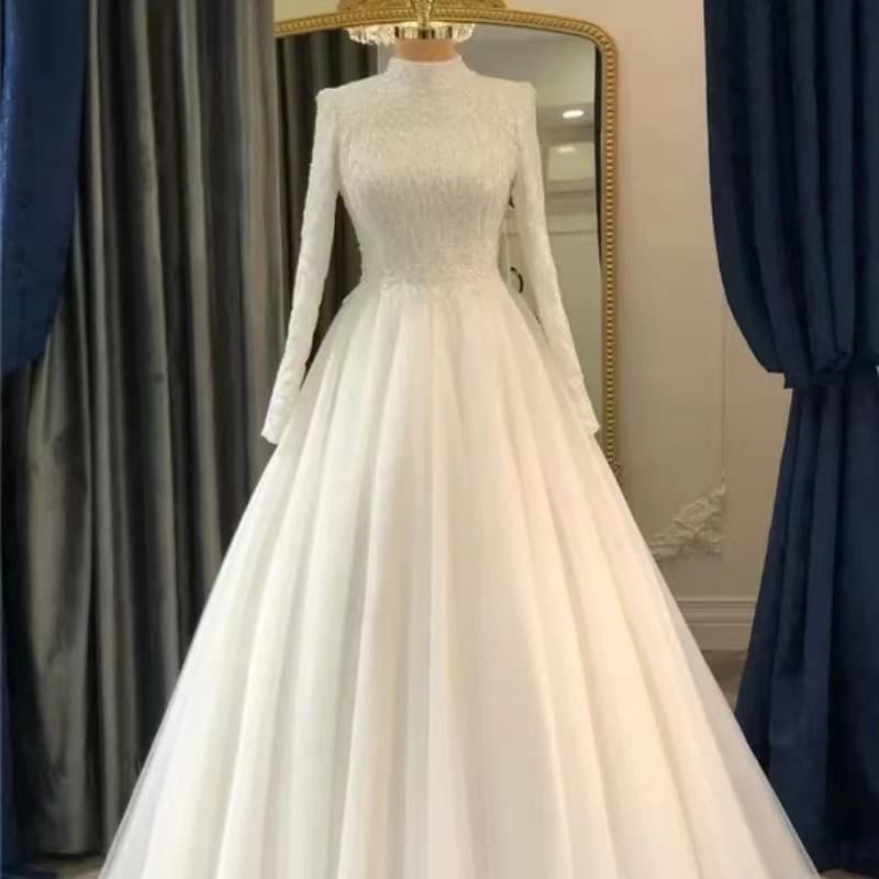 Women's Clothing Long Sleeved High End Wedding Dress New White Simple Temperament Light Luxury Hepburn Bride Wedding Reception Dress Female Skirt